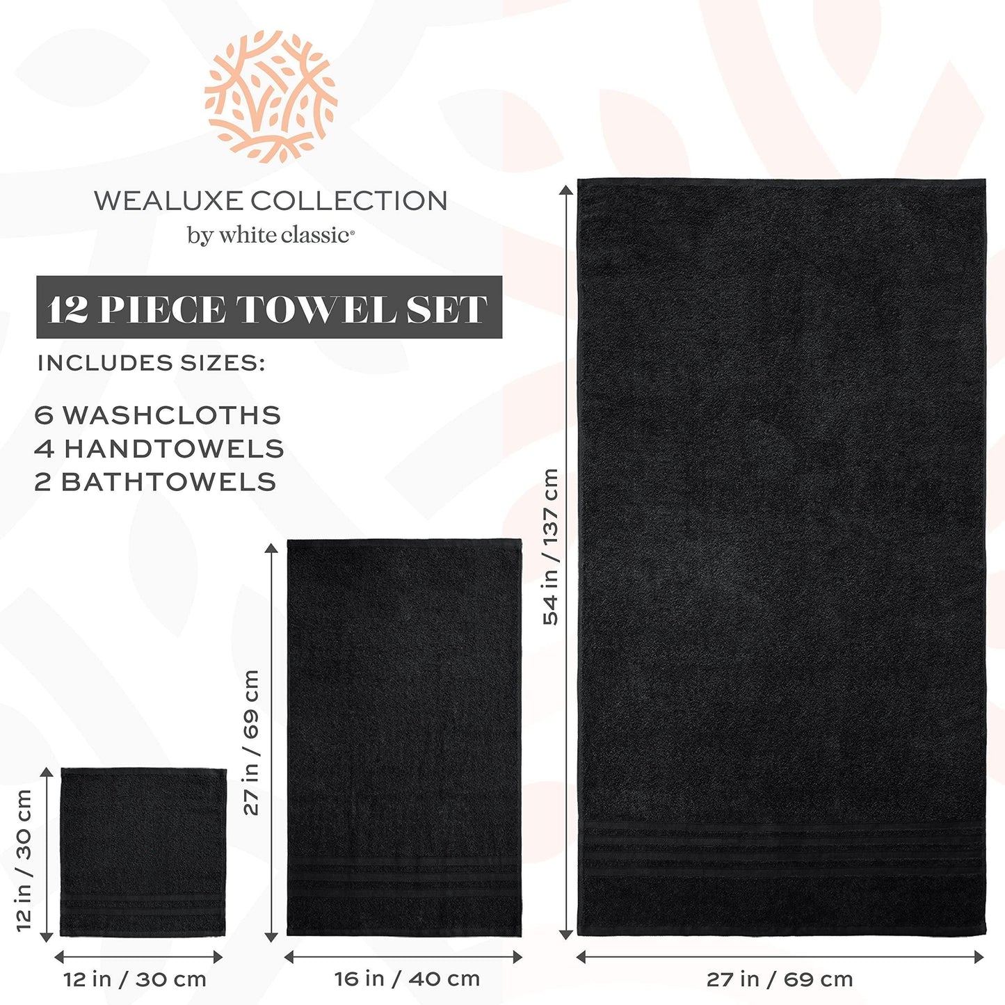 12 Pcs Bath Towel Set for Bathroom Wealuxe Collection Black 100% Cotton Soft