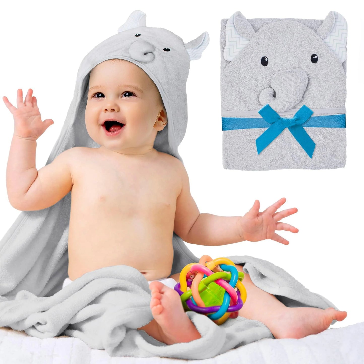 Hooded Baby Towels 33X33 Inch with Elephant Face Light Gray Baby Bath Towel