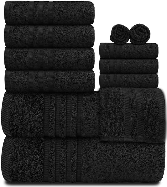 12 Pcs Bath Towel Set for Bathroom Wealuxe Collection Black 100% Cotton Soft